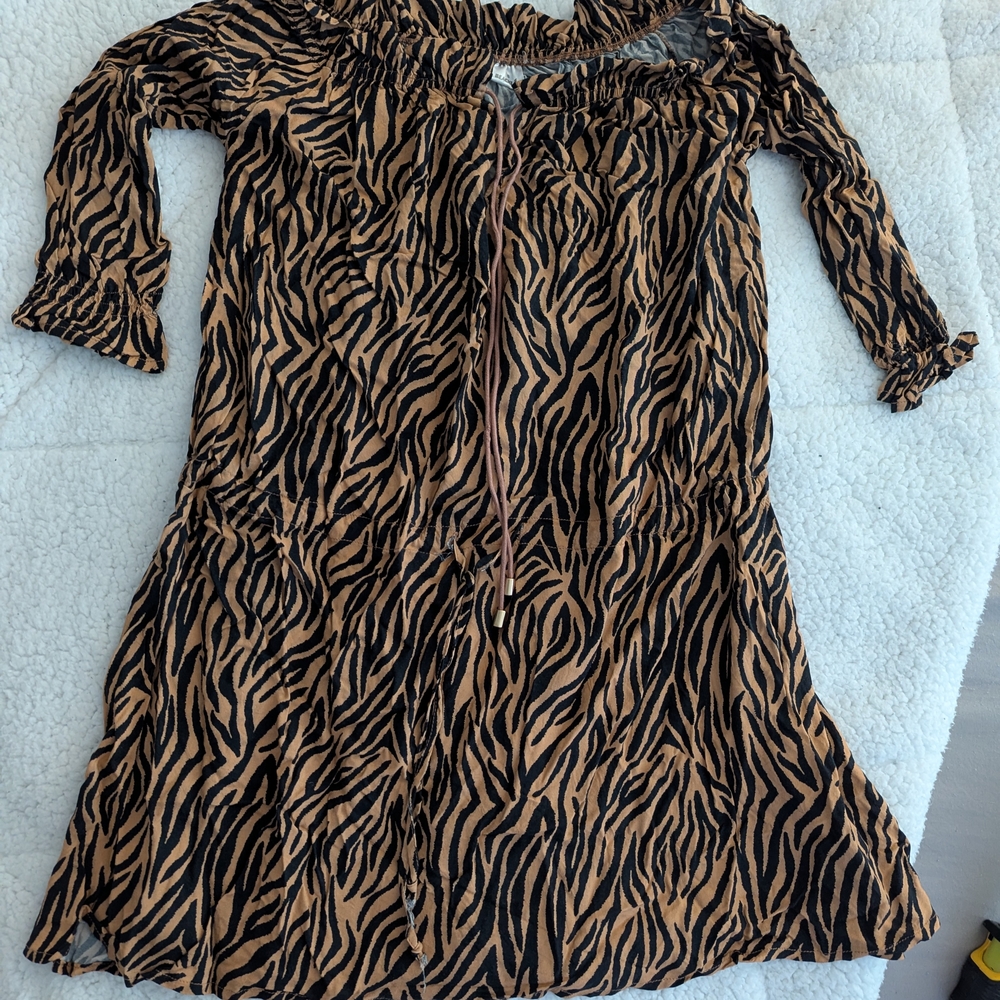 Brown and Tan Off the Shoulder Bishop Sleeve Sundress Coverup